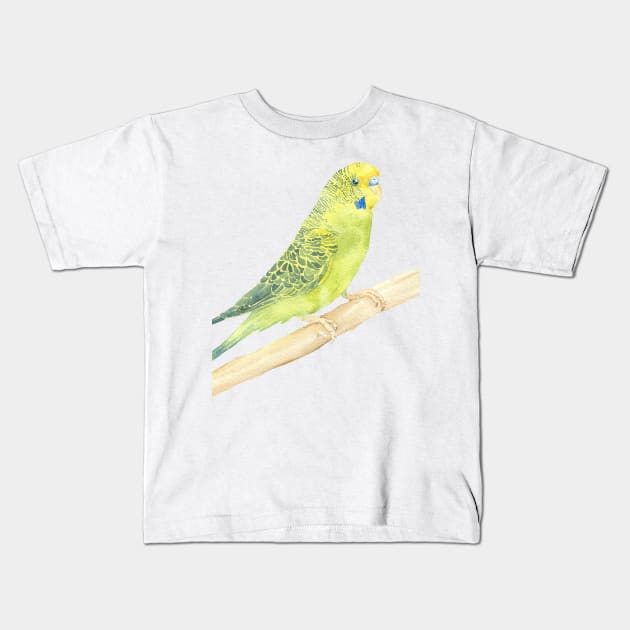 green and yellow budgie watercolor portrait Kids T-Shirt by Oranjade0122